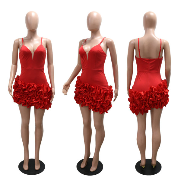 Strap Solid Color Lotus Leaf Lace Irregular Dress Short Skirt