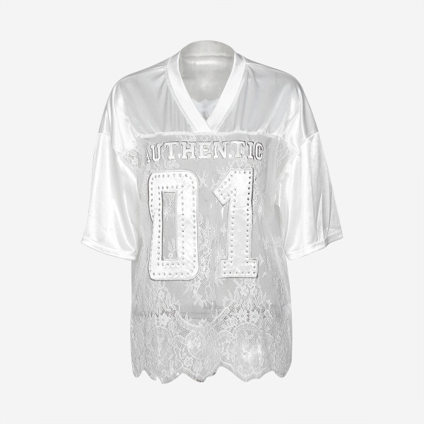 Printed loose perspective lace patchwork T-shirt short sleeved top