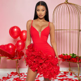 Strap Solid Color Lotus Leaf Lace Irregular Dress Short Skirt