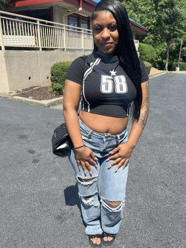 Letter printed round neck elastic short sleeved T-shirt with exposed navel