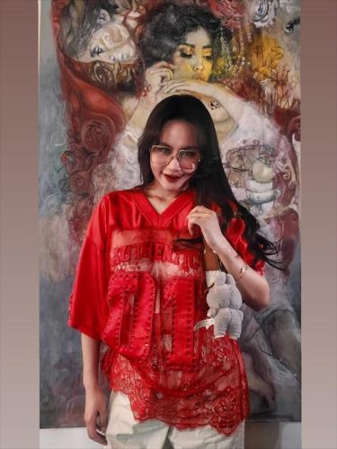 Printed loose perspective lace patchwork T-shirt short sleeved top