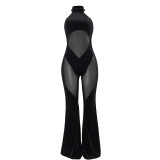 Hanging neck patchwork solid color sleeveless mesh patchwork jumpsuit