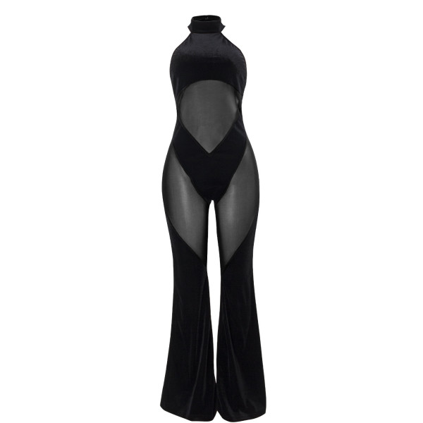 Hanging neck patchwork solid color sleeveless mesh patchwork jumpsuit