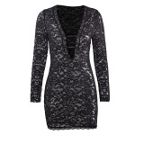 Solid color lace jumpsuit with low neckline and hollowed out long sleeved dress