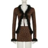 Leopard print fur collar patchwork long sleeved cardigan high waisted hip hugging half skirt two-piece set