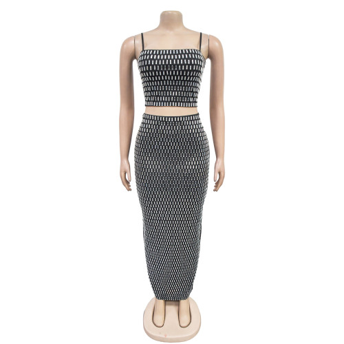 Two piece set of women's hot pressed diamond sleeveless camisole long skirt
