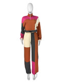 Color blocking and contrasting waist cinching two-piece set