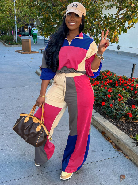 Color blocking and contrasting waist cinching two-piece set