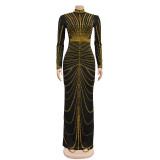 Women's long sleeved back slit hot stamping dress