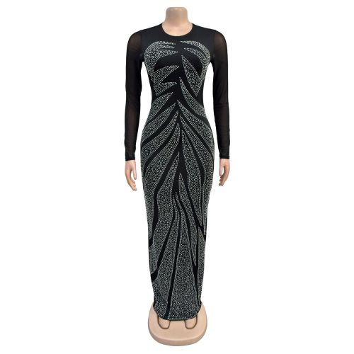 Women's rhinestone long sleeved tight fitting hip hugging dress
