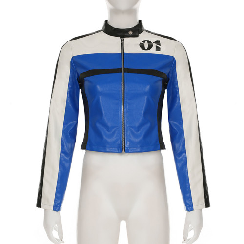 Splicing color blocking zipper long sleeved PU leather motorcycle jacket jacket