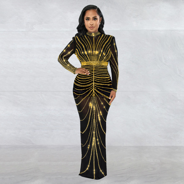 Women's long sleeved back slit hot stamping dress