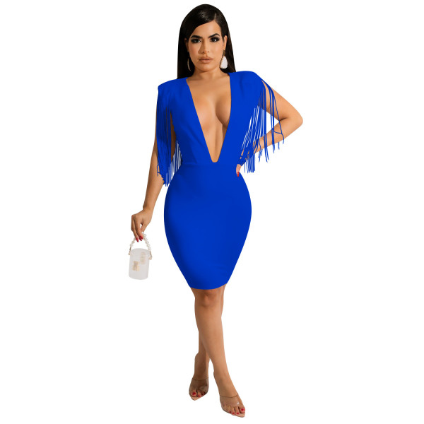 Solid color women's deep V-sleeveless flowing beard mid skirt dress