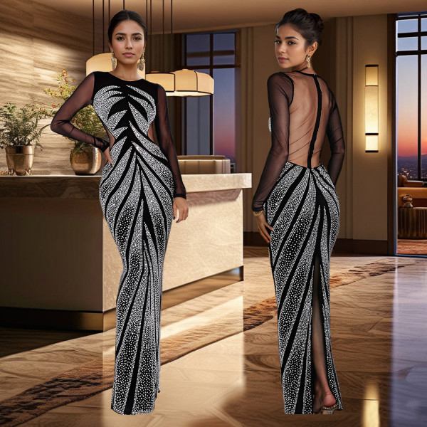 Women's rhinestone long sleeved tight fitting hip hugging dress