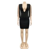 Solid color women's deep V-sleeveless flowing beard mid skirt dress