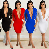 Solid color women's deep V-sleeveless flowing beard mid skirt dress