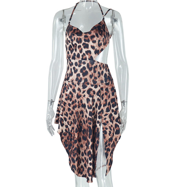 Tight fitting dress with irregular leopard print suspender skirt