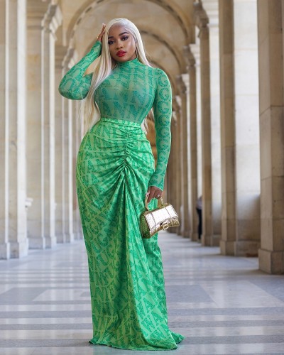 Mesh top pleated long skirt two-piece set