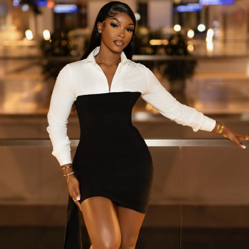 Black and white patchwork contrasting shirt collar, hip bag, irregular ribbon skirt