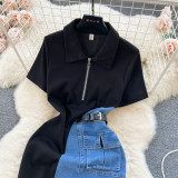 Contrast splicing mid length short sleeved denim skirt