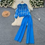 Knitted cardigan with sleeve print and wide leg pants sweater set