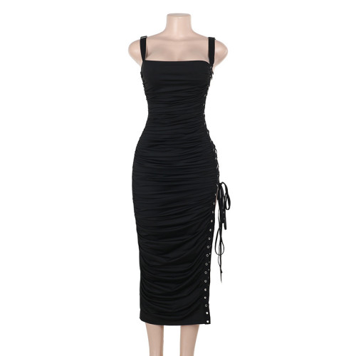 Side hollow out strap pleated dress