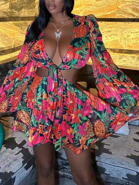 Floral deep V flared sleeve waist belt dress set