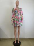 Floral deep V flared sleeve waist belt dress set