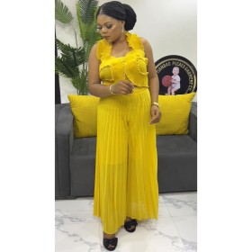 Solid color neck strap top+pants two-piece set