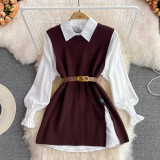 Lantern sleeve white shirt split vest sweater two-piece set