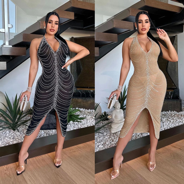 Rhinestone hanging neck perspective split hip dress