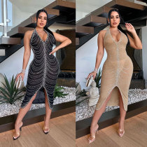 Rhinestone hanging neck perspective split hip dress Rhinestone hanging neck perspective split hip dress