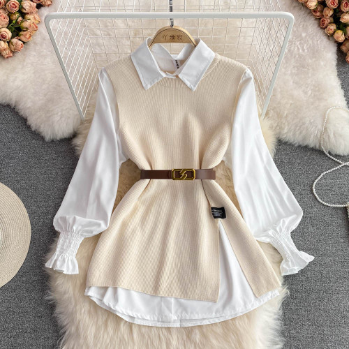 Lantern sleeve white shirt split vest sweater two-piece set