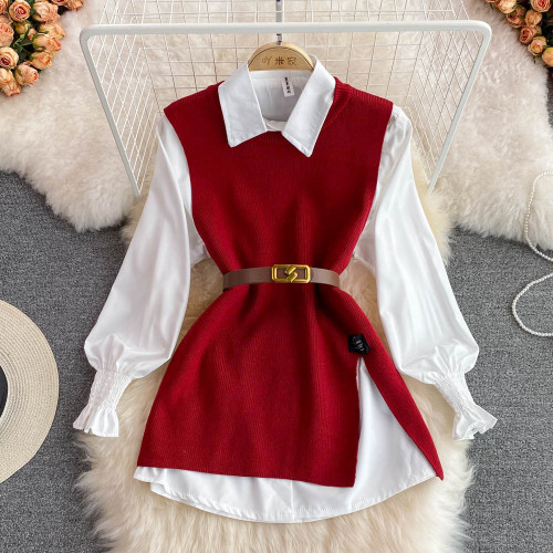 Lantern sleeve white shirt split vest sweater two-piece set