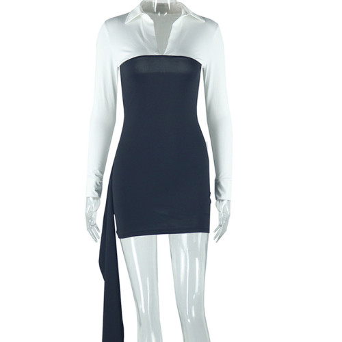 Black and white patchwork contrasting shirt collar, hip bag, irregular ribbon skirt