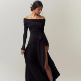 One shoulder hollow solid color bow long sleeved slit dress