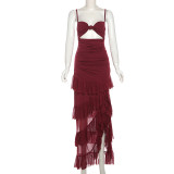 Hollow out side slit backless mesh suspender dress