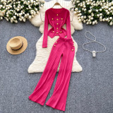 Metal buckle round neck long sleeved knitted sweater high waisted pants two-piece set
