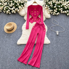 Metal buckle round neck long sleeved knitted sweater high waisted pants two-piece set