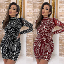 Long sleeved dress, fashionable rhinestone sparkling bead wrapped hip dress Long sleeved dress, fashionable rhinestone sparkling bead wrapped hip dress