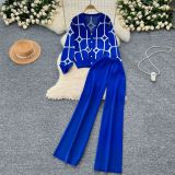 Knitted cardigan with sleeve print and wide leg pants sweater set