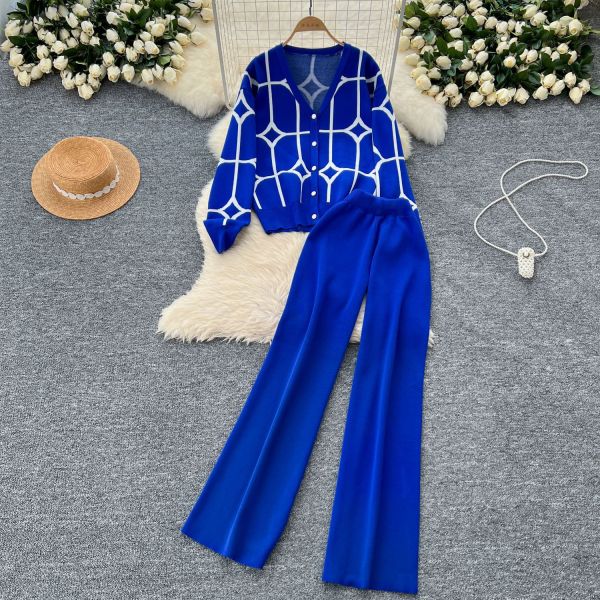 Knitted cardigan with sleeve print and wide leg pants sweater set
