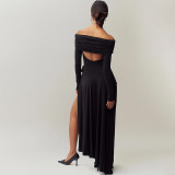 One shoulder hollow solid color bow long sleeved slit dress