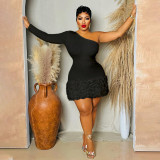 Single sided long sleeved pit stripe three-dimensional flower wrapped hip dress