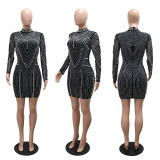 Long sleeved dress, fashionable rhinestone sparkling bead wrapped hip dress