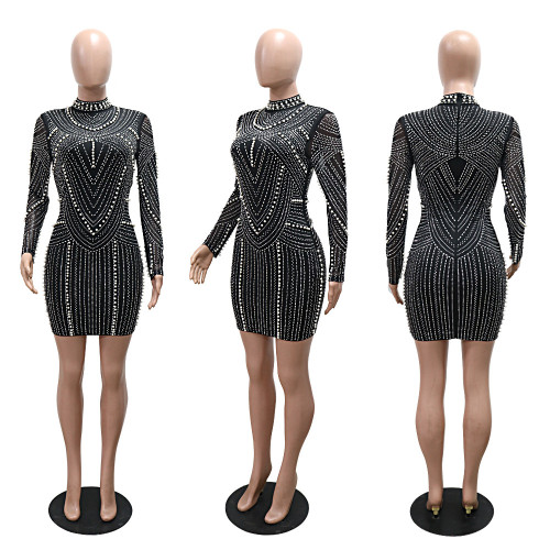 Long sleeved dress, fashionable rhinestone sparkling bead wrapped hip dress