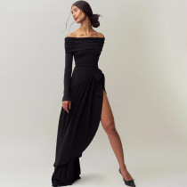 One shoulder hollow solid color bow long sleeved slit dress One shoulder hollow solid color bow long sleeved slit dress