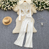 Metal buckle round neck long sleeved knitted sweater high waisted pants two-piece set