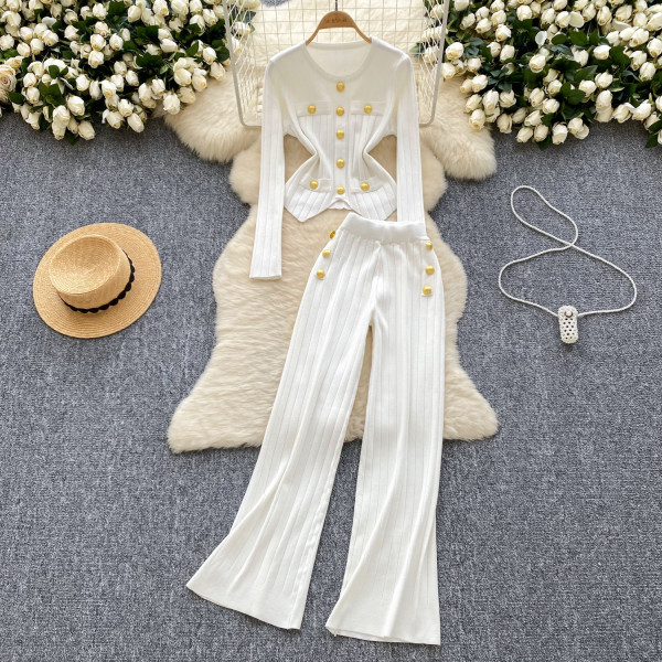 Metal buckle round neck long sleeved knitted sweater high waisted pants two-piece set