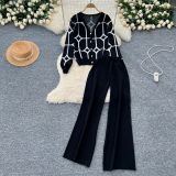 Knitted cardigan with sleeve print and wide leg pants sweater set